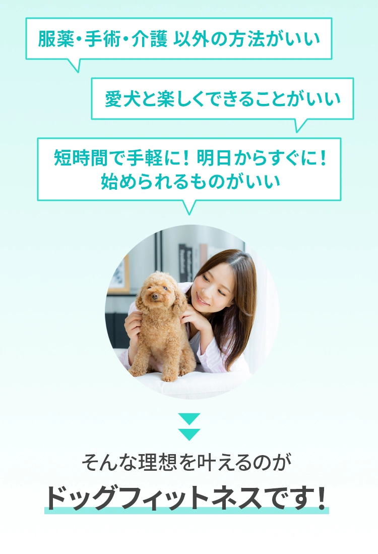 服薬 ⼿術 介護 以外の⽅法がいい 愛⽝と楽しくできることがいい	短時間で⼿軽に！明⽇からすぐに！始められるものがいい
				  そんな理想を叶えるのがドッグフィットネスです！