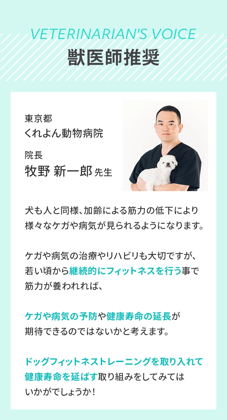 ＜獣医師推奨＞東京都 くれよん動物病院 院長 牧野新一郎先生
					  犬も人と同様、加齢による筋力の低下により様々なケガや病気が見られるようになります。ケガや病気の治療やリハビリも大切ですが、若い頃から継続的にフィットネスを行う事で筋力が養われれば、ケガや病気の予防や健康寿命の延長が期待できるのではないかと考えます。ドッグフィットネストレーニングを取り入れて健康寿命を延ばす取り組みをしてみてはいかがでしょうか！