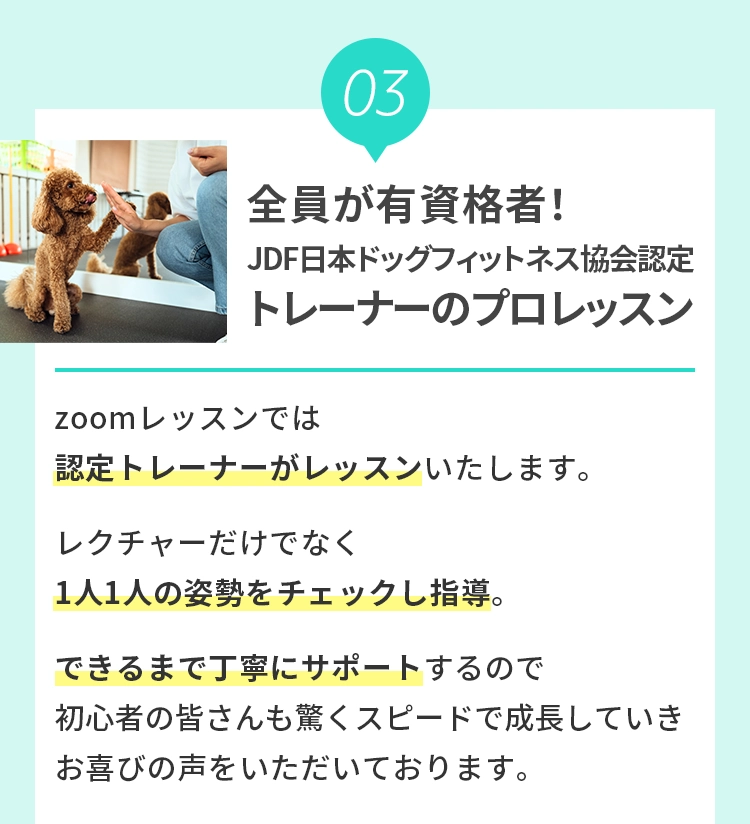 3 全員が有資格者！JDF⽇本ドッグフィットネス認定トレーナーのプロレッスン
				  ZOOMレッスンでは認定トレーナーがレッスンいたします。レクチャーだけでなく1⼈1⼈の姿勢をチェックし指導。できるまで丁寧にサポートするので初⼼者の皆さん驚くスピードで成⻑していきお喜びの声をいただいております。
