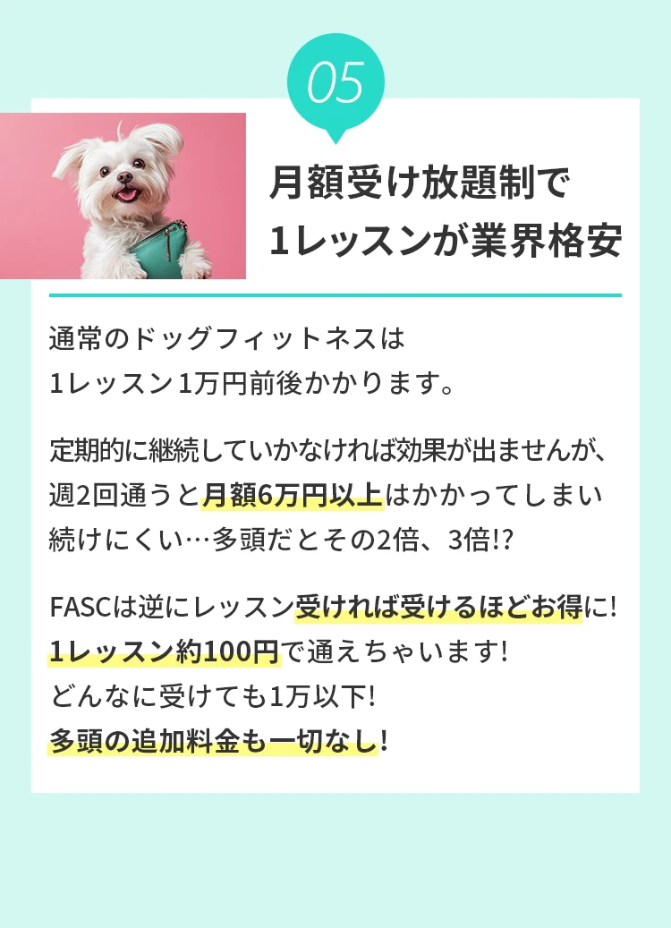 5 ⽉額受け放題制で1レッスンが業界格安
				  通常のドッグフィットネス は1レッスン1万円前後かかります。定期的に継続していかなければ効果が出ませんが、週2回通うと⽉額6万円以上はかかってしまい続けにくい・・・多頭だとその2倍、3倍！？FASCは逆にレッスン受ければ受けるほどお得に！1レッスン約100円で通えちゃいます！どんなに受けても1万円以下！多頭の追加料⾦も⼀切なし！