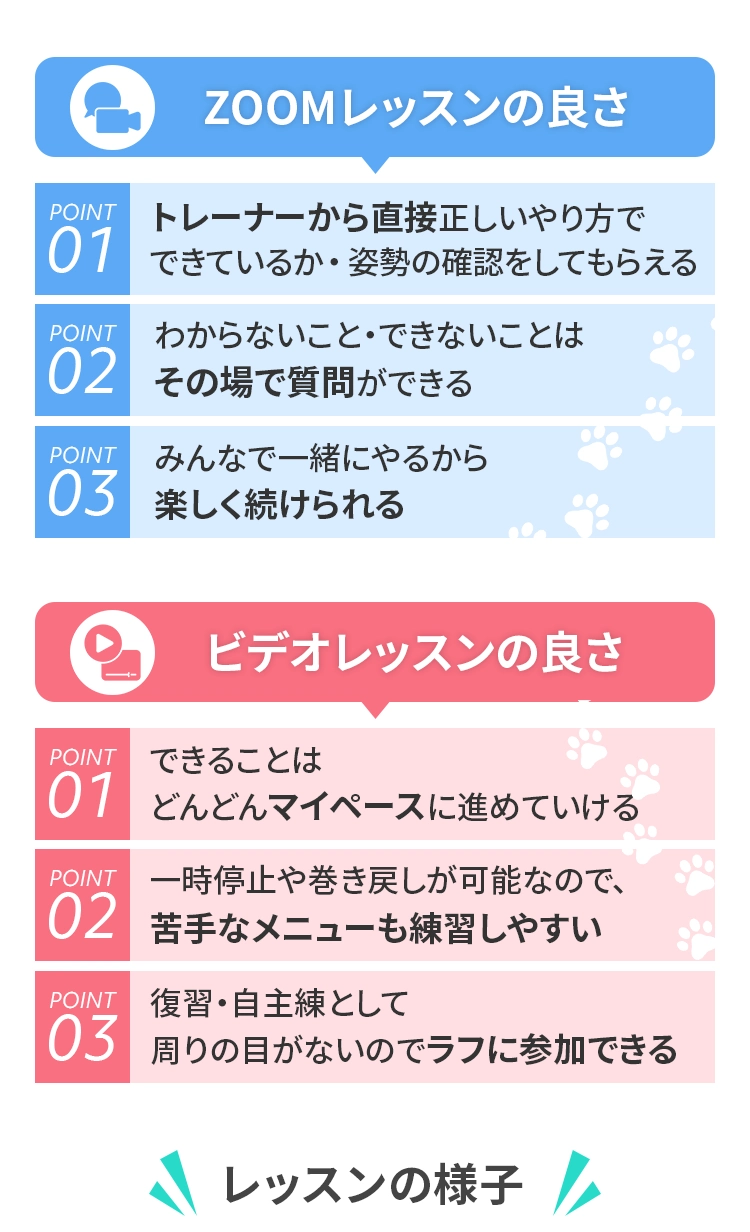 ＜zoom レッスンの良さ＞POINT1 トレーナーから直接正しいやり⽅でできているか・姿勢の確認をしてもらえる POINT2 わからないこと・できないことはその場で質問ができる POINT3 みんなで⼀緒にやるから楽しく続けられる
			＜ビデオレッスンの良さ＞POINT1 できることはどんどんマイペースに進めていける POINT2 ⼀時停⽌や巻き戻しが可能なので、苦⼿なメニューも練習しやすい POINT3 復習・⾃主練として周りの⽬がないのでラフなに参加できる